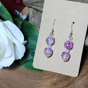 Hand Crafted Purple And Clear Crackled Glass Dangle Drop Hook Earrings